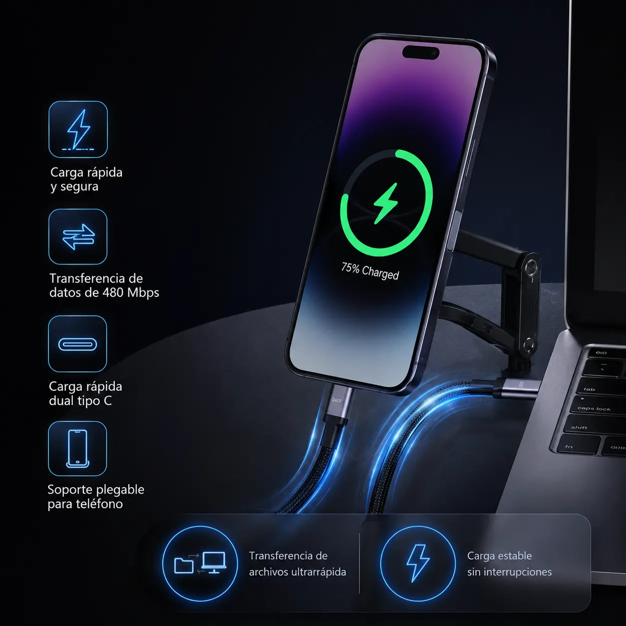🔥30%OFF🔥⚡Cable de carga rápida 2 en 1 con soporte ajustable para teléfono🔋