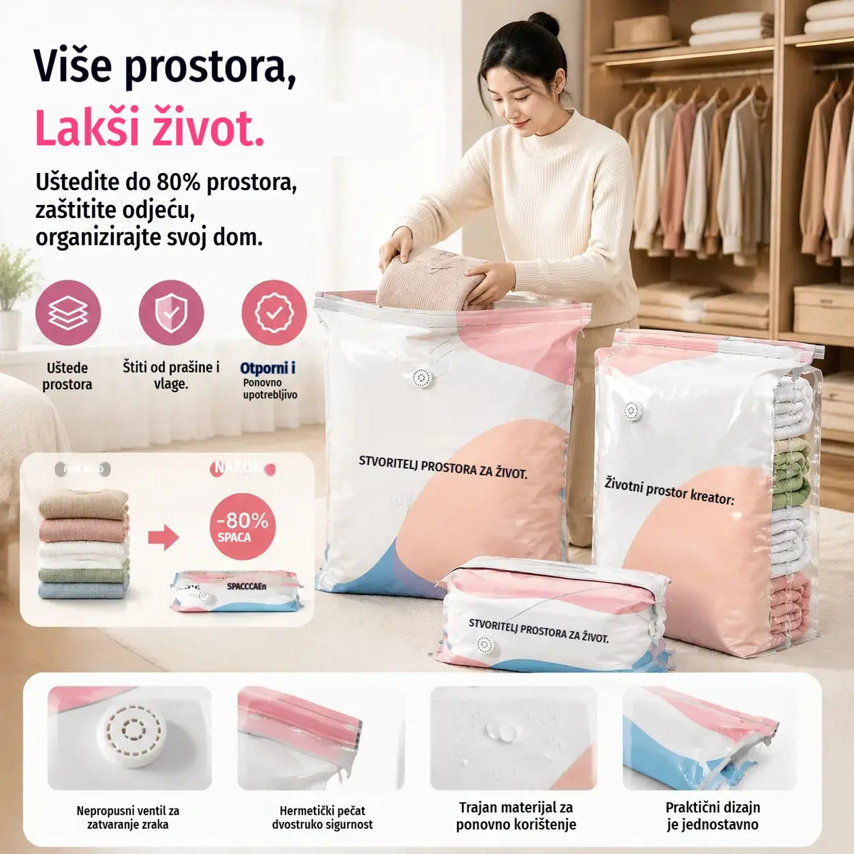🧳【Set od 5 dijelova 27 eura】💨 Velika, stlačiva vakuumska vrećica za pohranu: nije potrebna pumpa, nepropusna je i idealna za uštedu prostora u koferima i kod kuće ✈️