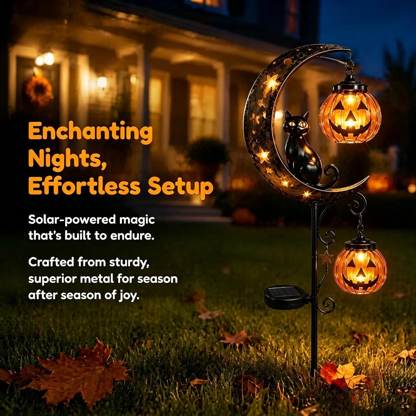 Lámpara decorativa solar para exteriores con forma de calabaza y gato negro.Crea una atmósfera mágica por la noche. Sensor automático, resistente al agua y duradera.