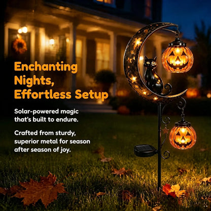 Lámpara decorativa solar para exteriores con forma de calabaza y gato negro.Crea una atmósfera mágica por la noche. Sensor automático, resistente al agua y duradera.