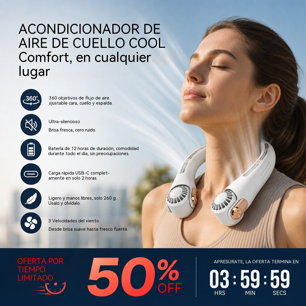 🍃 Ventilador de cuello tipo aire acondicionado: ultrasilencioso, con rotación de 360° y 3 velocidades. Refrigeración manos libres y batería de larga duración. ¡Imprescindible para el verano!