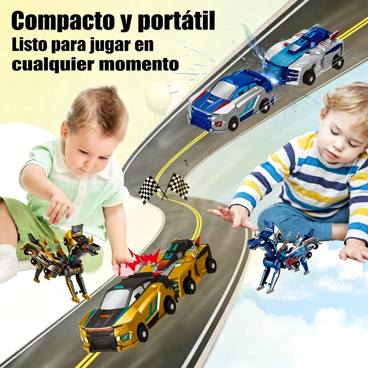 💥Los dos coches chocaron, se deformaron y se fusionaron en un robot Dragón de Alas Plateadas.