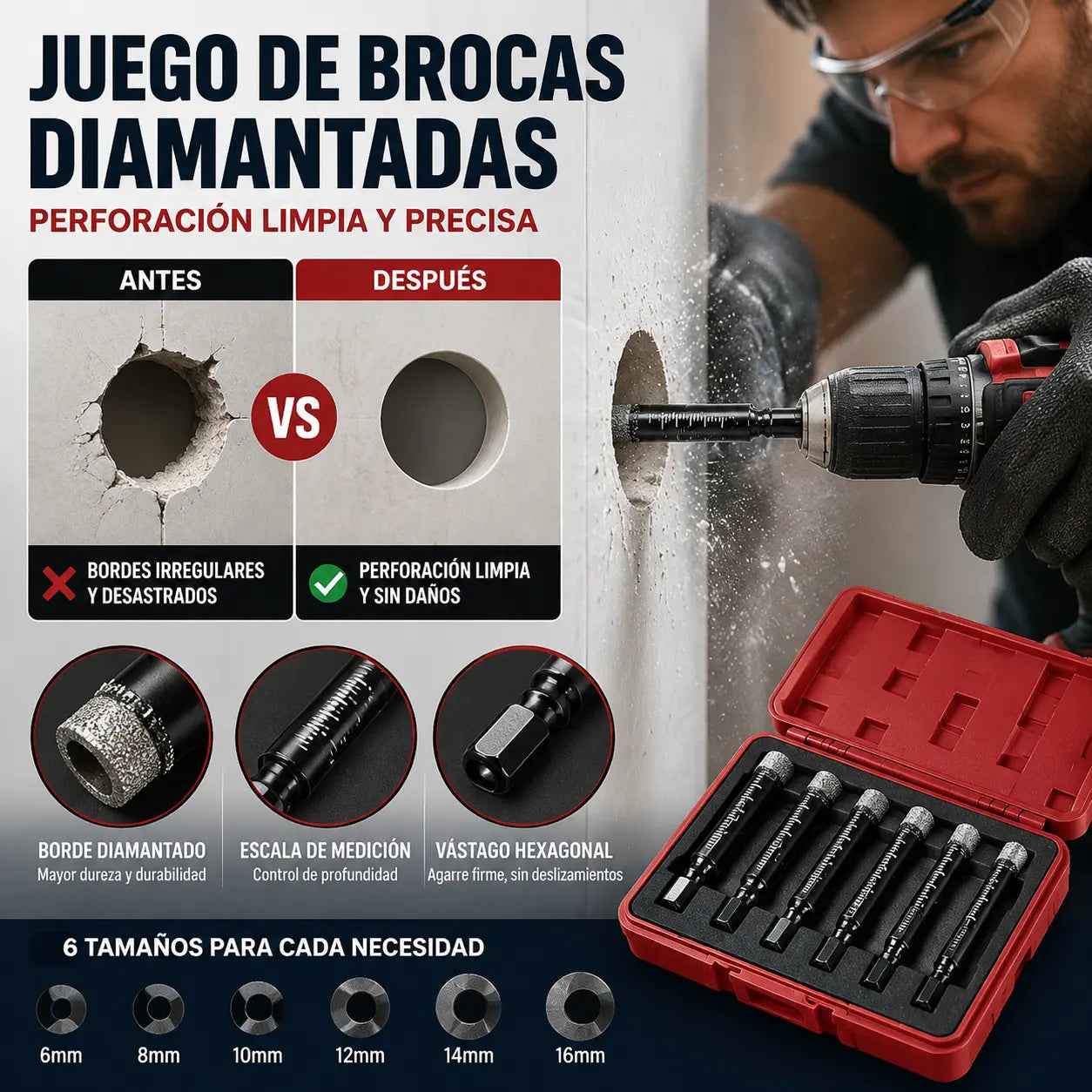 【 6 piezas】Juego de seis brocas huecas de diamante | Perforación limpia y precisa, sin grietas | Alta resistencia al desgaste【6+8+10+12+14+16mm】