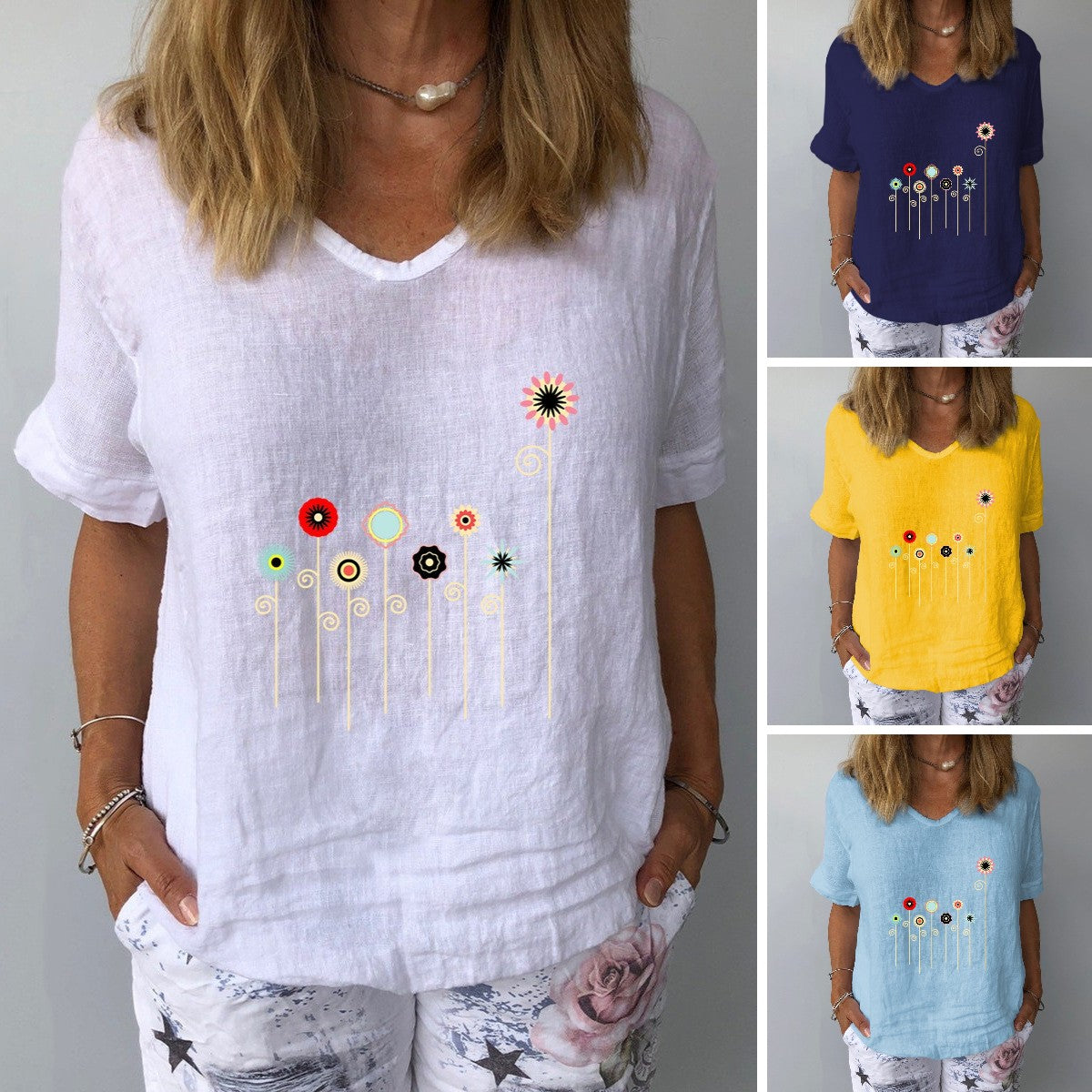 【50% DE DESCUENTO】【Tallas S-5XL】Camiseta de manga corta de algodón y lino con estampado floral