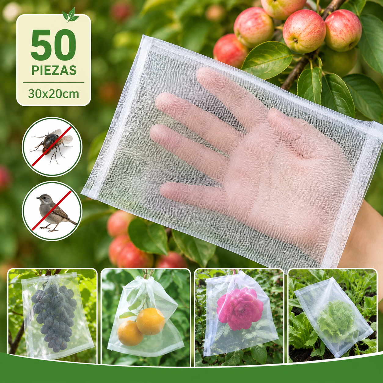 【50 piezas（30x20cm）】Red de insectos para moscas de frutas, red de protección de árboles de paisaje para pájaros, bolsas de red de jardín para proteger flores, plantas, frutas, verduras