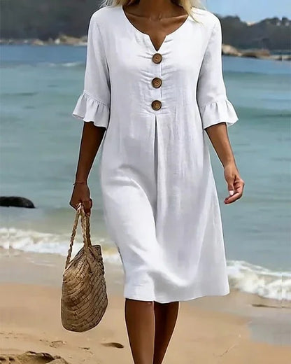 30% DE DESCUENTO 🔥【S-3XL】Vestido de mujer de algodón y lino con mangas abullonadas y botones