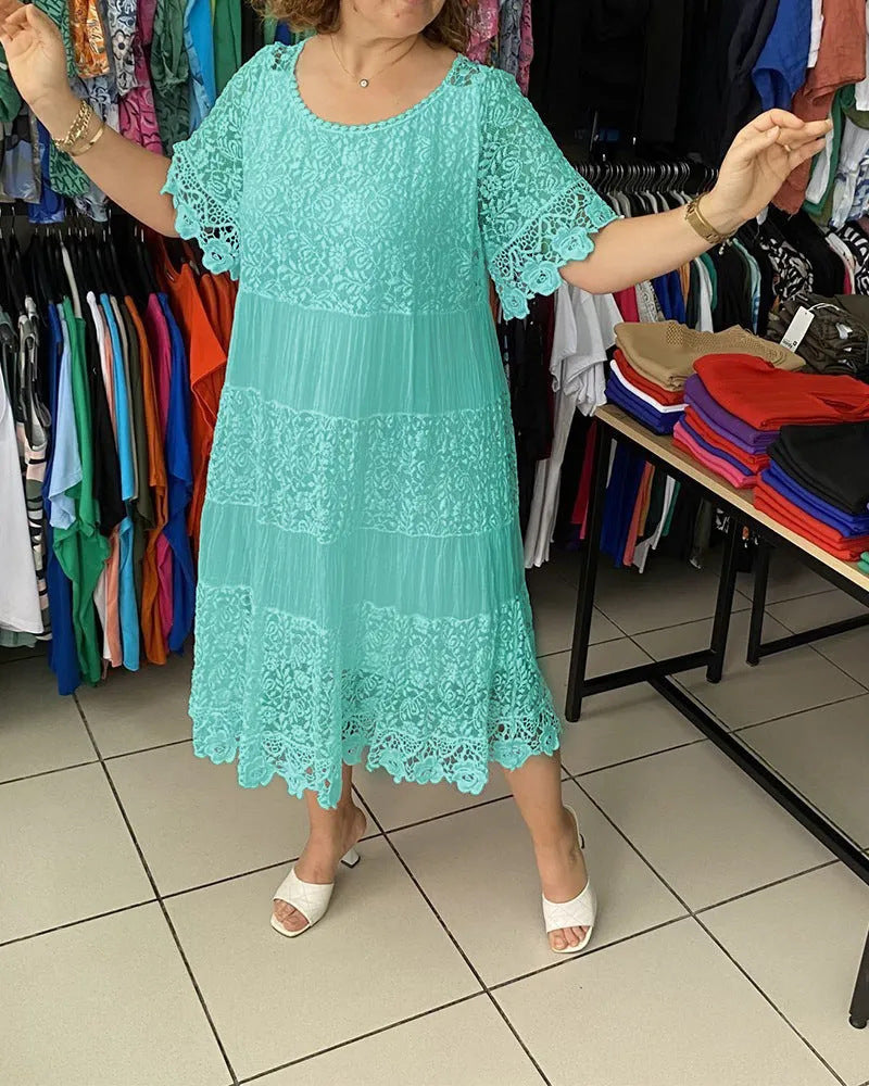 🔥【50%ZĽAVA】✨✨✨【S-5XL】2026Nové šaty s krátkym rukávom, okrúhlym výstrihom a čipkou.