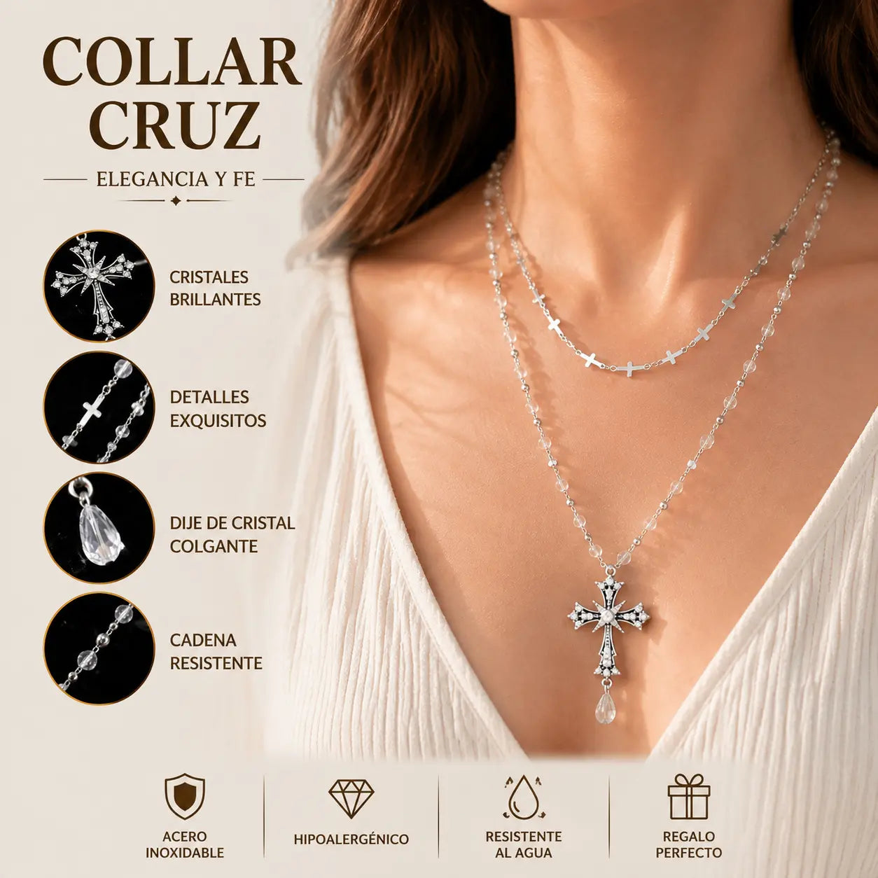 Collar de mujer con cruz de doble capa, adornado con cuentas de plata y cristales brillantes | Elegante y versátil