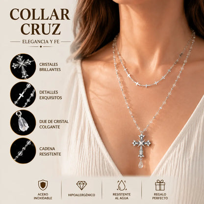 Collar de mujer con cruz de doble capa, adornado con cuentas de plata y cristales brillantes | Elegante y versátil