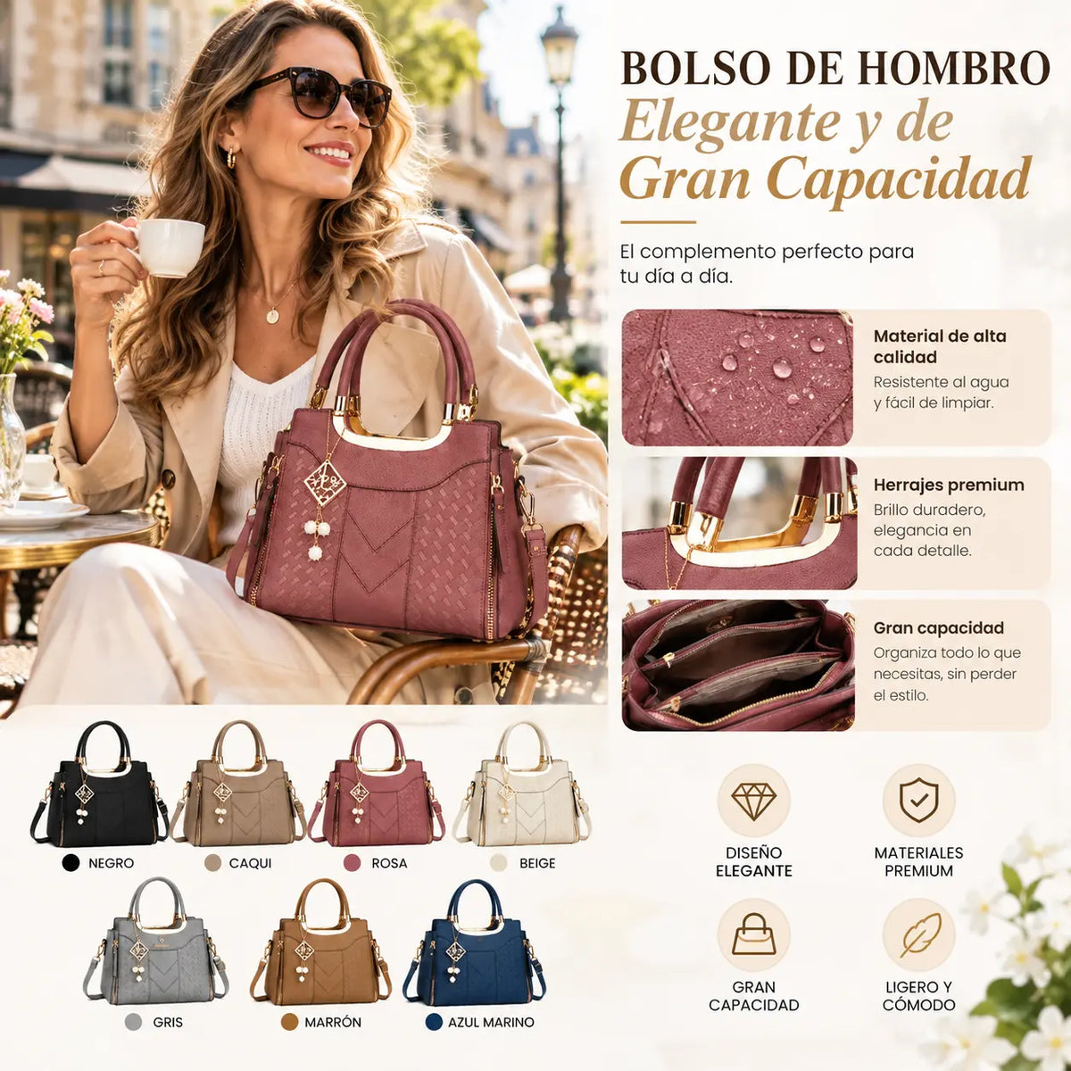Bolso bandolera para mujer con costuras en forma de V, herrajes dorados, múltiples compartimentos y asa superior.