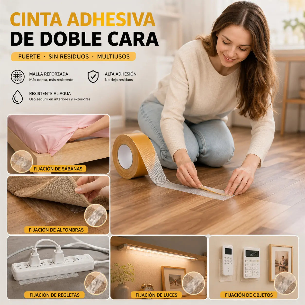 【30mm*10m】Adhesivo multifuncional de doble cara, de alta viscosidad, que no deja residuos tras su retirada.