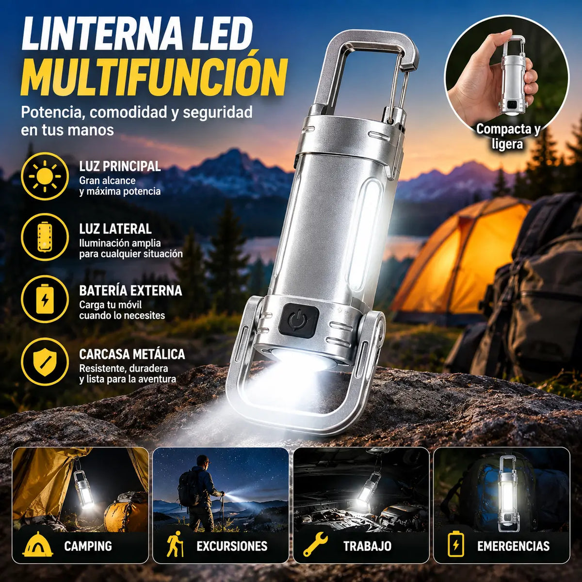 🔦🌙 Linterna LED Potente Multifunción con Luz Lateral, 3 Modos, Batería Externa y Carcasa Metálica Resistente, ¡Ideal para Camping, Trabajo y Emergencias!