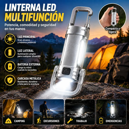 🔦🌙 Linterna LED Potente Multifunción con Luz Lateral, 3 Modos, Batería Externa y Carcasa Metálica Resistente, ¡Ideal para Camping, Trabajo y Emergencias!
