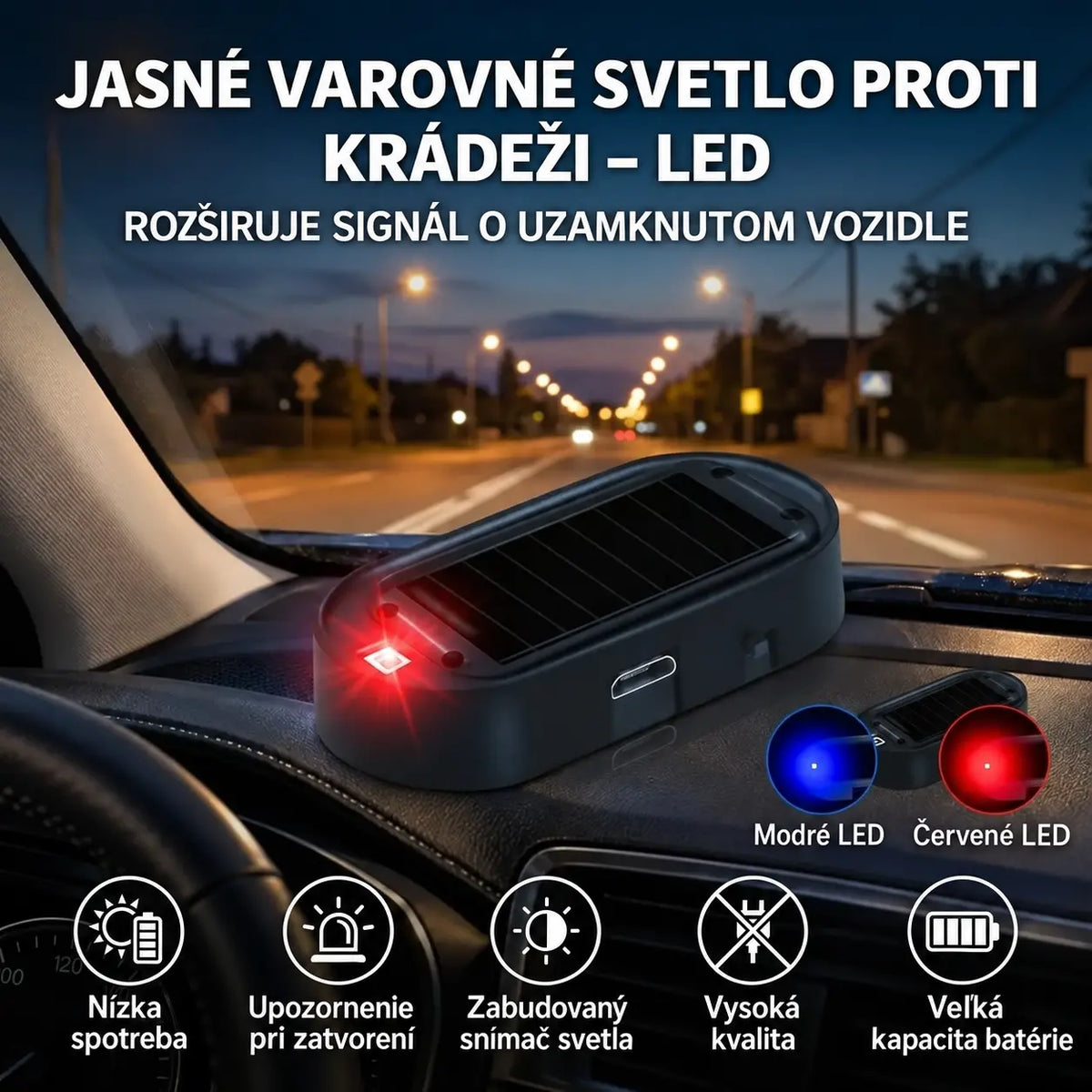 🔈2 kus za 20 €，🚗Solárne LED výstražné svetlo proti krádeži — automatické blikanie v noci, bez káblov, dostupné v bielej a čiernej farbe.