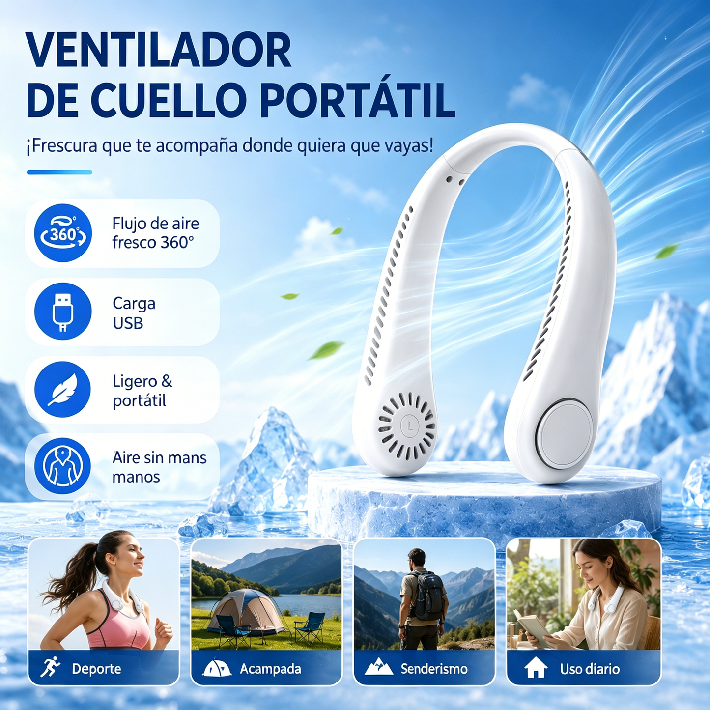 💨 Ventilador de aire acondicionado con cuello – Extremadamente silencioso, portátil y giratorio 360° – Ideal para el verano 🌞