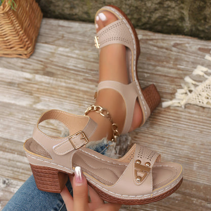 🥰【36~43】Sandalias de tacón de bloque para mujer, tacones de punta abierta a la moda, tacones con diseño calado a la moda