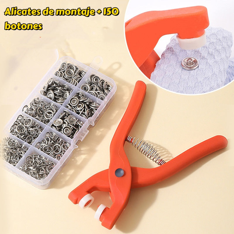 🔥【Alicates de montaje + 150 botones】Alicates de instalación de botones de ropa + botones invisibles, no requiere costura