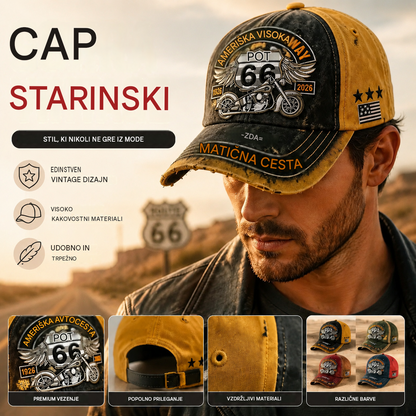 Nastavljiva retro baseball kapa Route 66, odlična izbira za ljubitelje kolesarjenja.