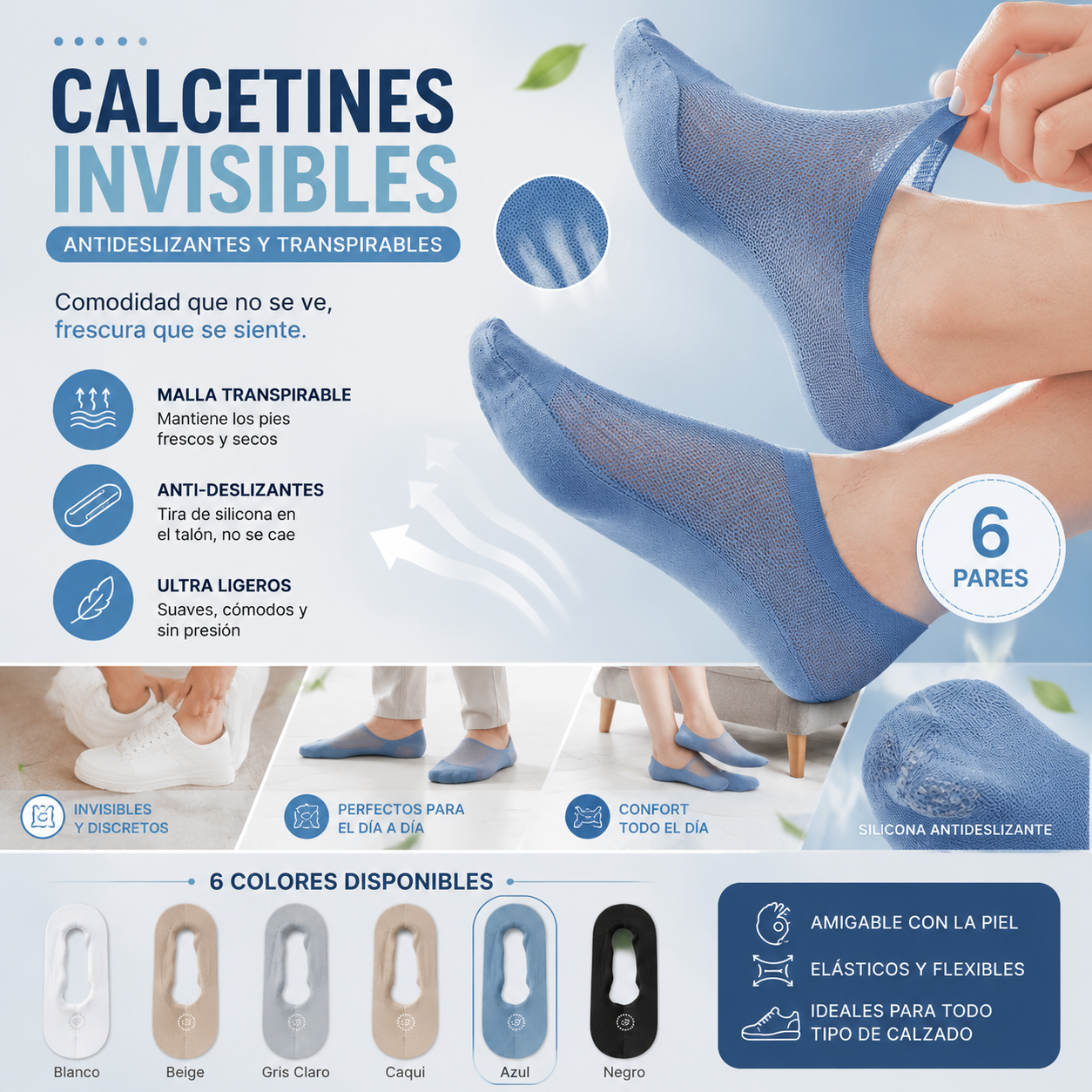 🧦【6 pares 24 euros】Calcetines invisibles transpirables de malla fina antideslizantes universales de 6 piezas