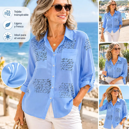 🥰 【S-5XL】 Camisa de manga larga con estampado de moda con solapa para mujer