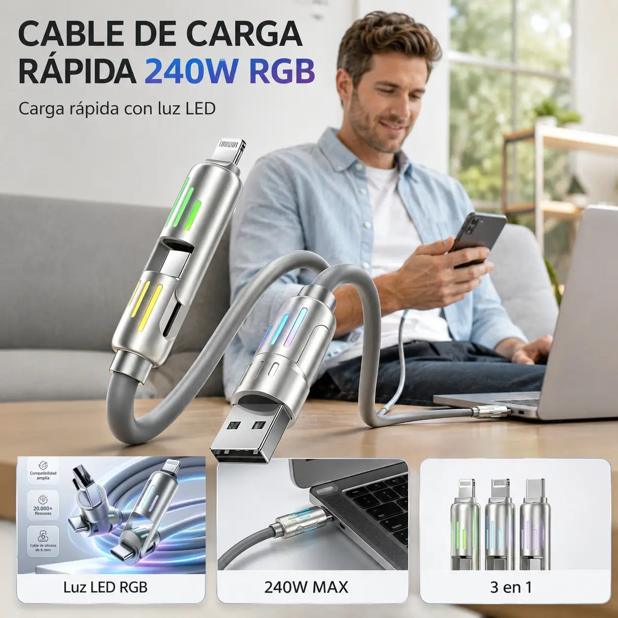 🔥 【2 unidades por 26 euros】 🔥 (2 metros de largo) Cable 4 en 1 PD 240 W – Carga rápida USB‑C, Lightning y USB‑A, aluminio y silicona, sincronización de datos ⚡📱