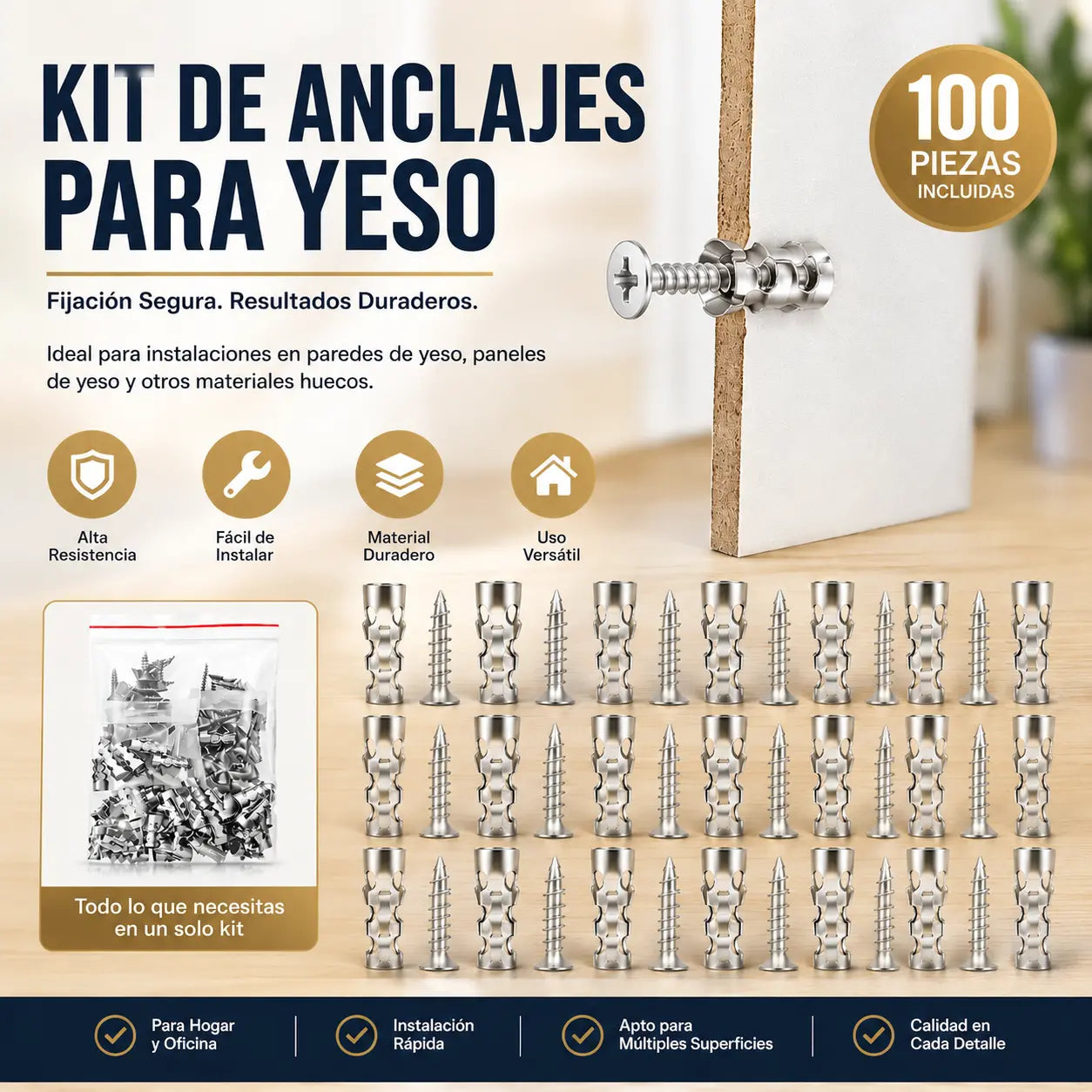 🛠️【100 pares】🔩 Kit de anclajes autoperforantes para paneles de yeso con tornillos 🧱 – Accesorios de montaje en pared fáciles de instalar