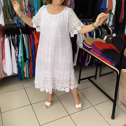 【S-5XL】2026 Nuevo vestido camiseta de manga corta, cuello redondo y encaje.【40-120kg】