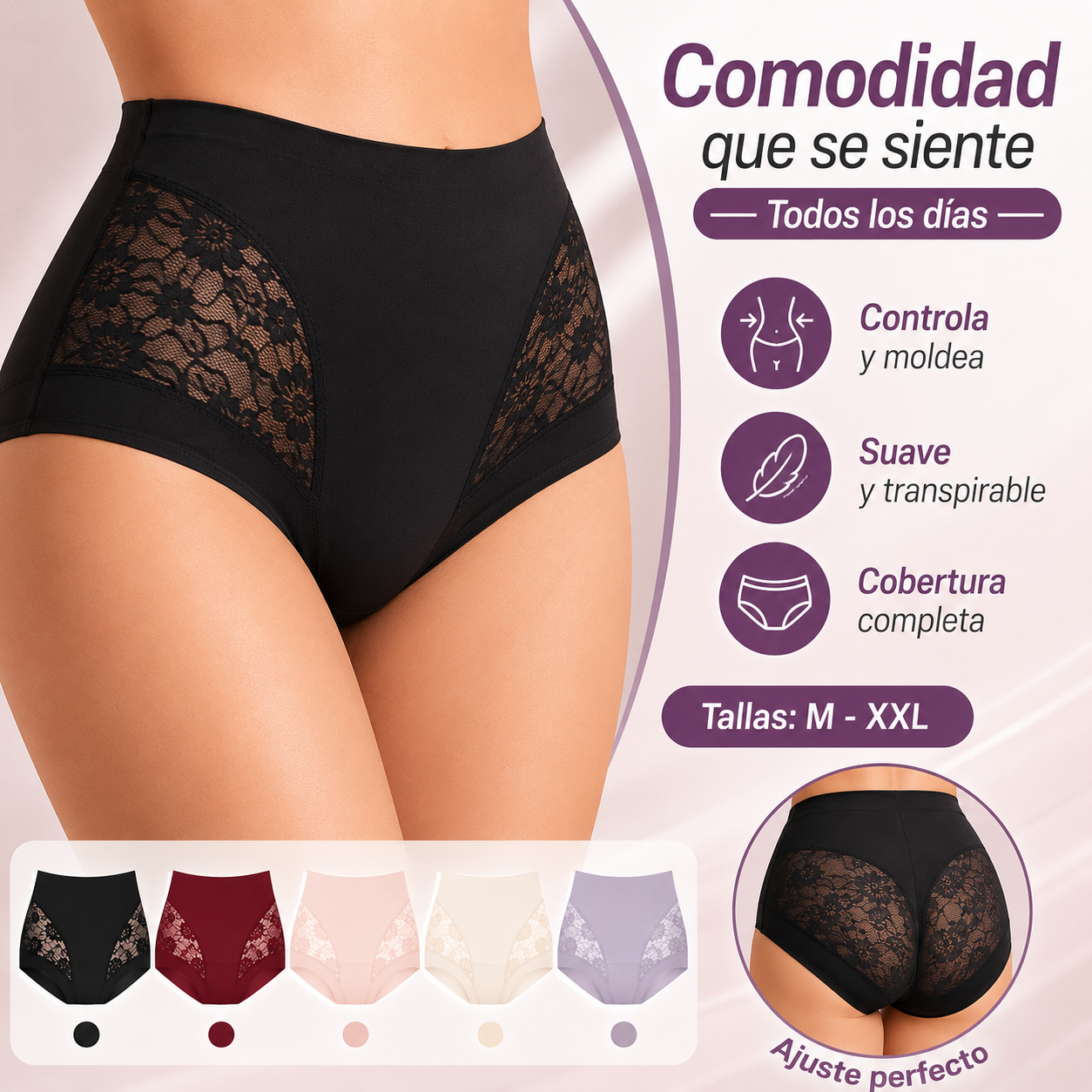 【Juego de 5 piezas】Braguitas de control de abdomen de alta elasticidad con encaje sin costuras para mujer, bragas moldeadoras y levantadoras de glúteos