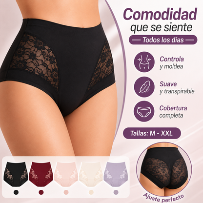 【Juego de 5 piezas】Braguitas de control de abdomen de alta elasticidad con encaje sin costuras para mujer, bragas moldeadoras y levantadoras de glúteos