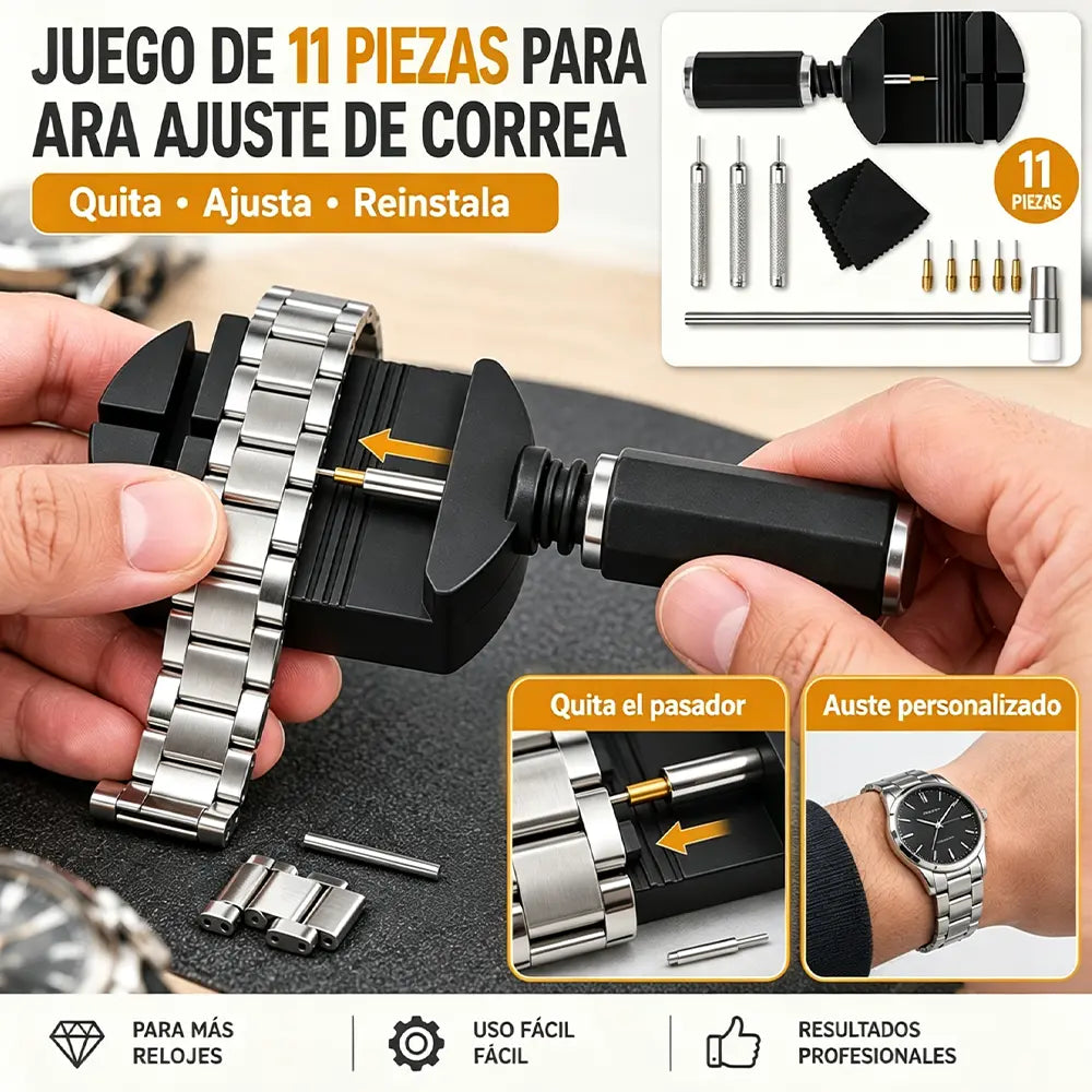 ⌚ Kit de Herramientas para Ajustar Correas de Reloj | Set de 11 Piezas para Quitar Eslabones, Cambiar y Acortar Pulseras