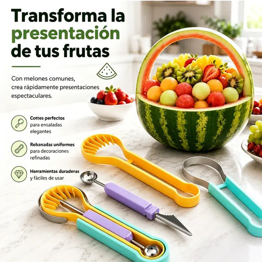 🍉🥄 Cuchara 3 en 1 para Frutas de Acero Inoxidable | Haz Bolas, Corta y Decora la Fruta Fácilmente