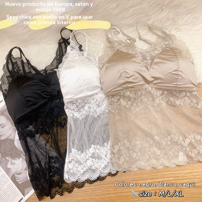 【42-88 kg】Nuevo sujetador camisero de una pieza de encaje francés sin espalda con copas incorporadas para mayor sujeción y realce.