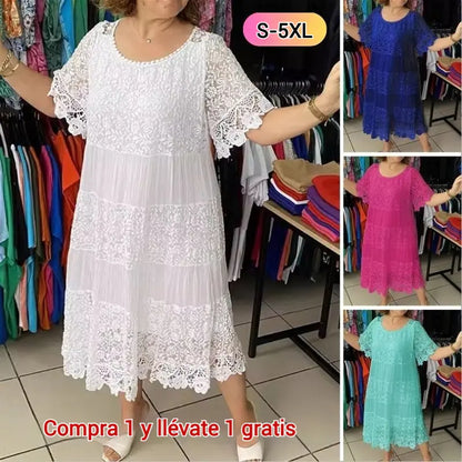 【S-5XL】2026 Nuevo vestido camiseta de manga corta, cuello redondo y encaje.【40-120kg】