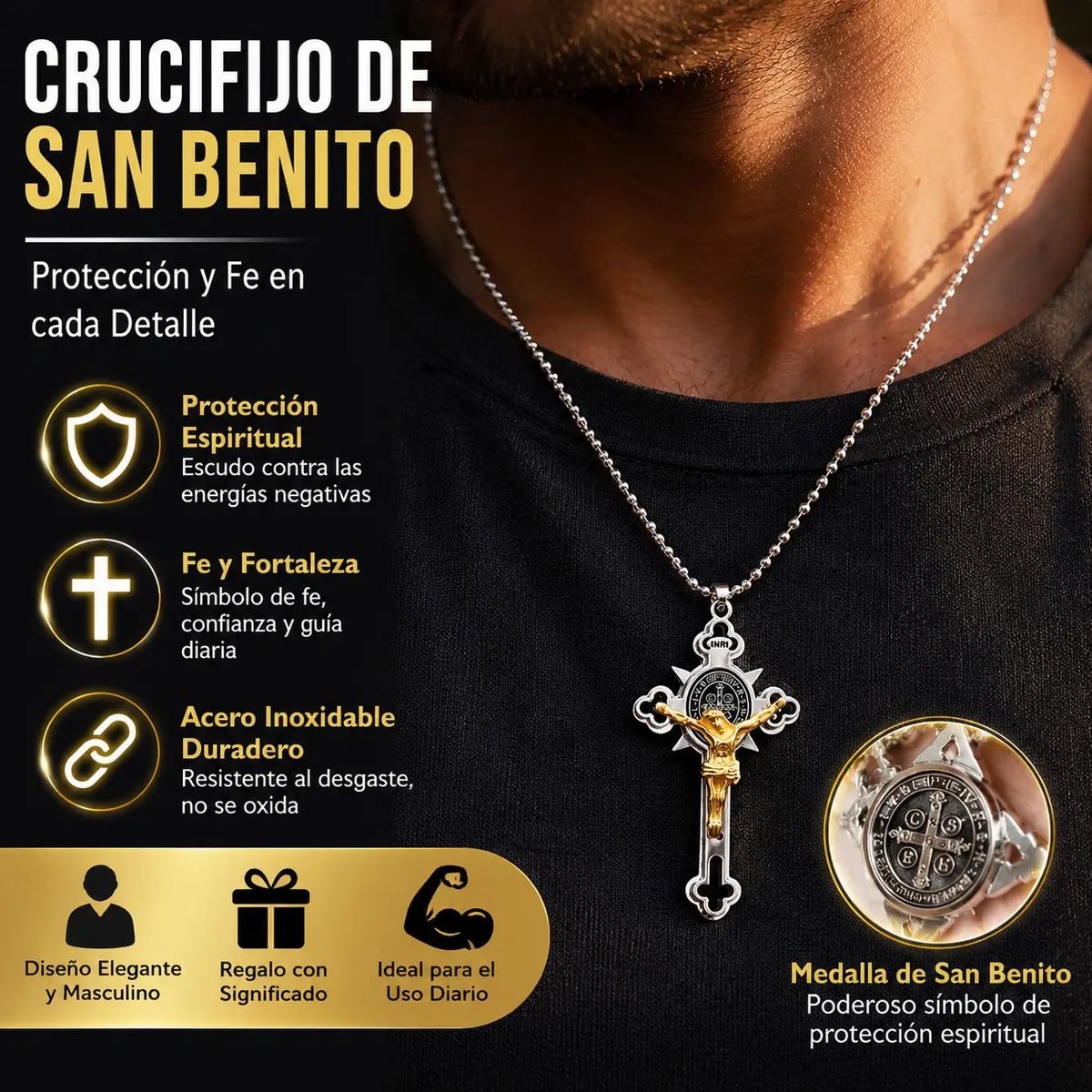 Colgante de cruz estilo vintage – Colgante de San Benito resistente al deslustre con cadena ajustable