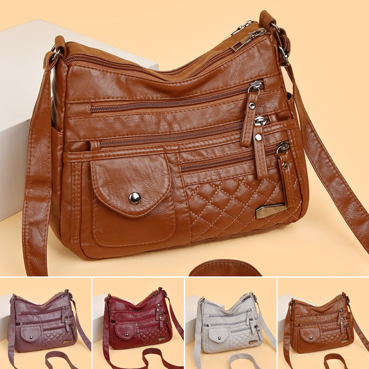 Bolso de cuero suave de gran capacidad y múltiples capas para mujer