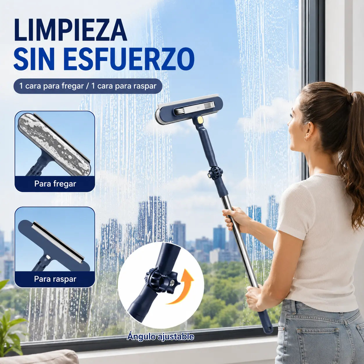 Limpiacristales 2 en 1 de doble cara con mango extensible para limpiar cristales en edificios altos.