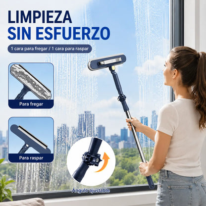 Limpiacristales 2 en 1 de doble cara con mango extensible para limpiar cristales en edificios altos.