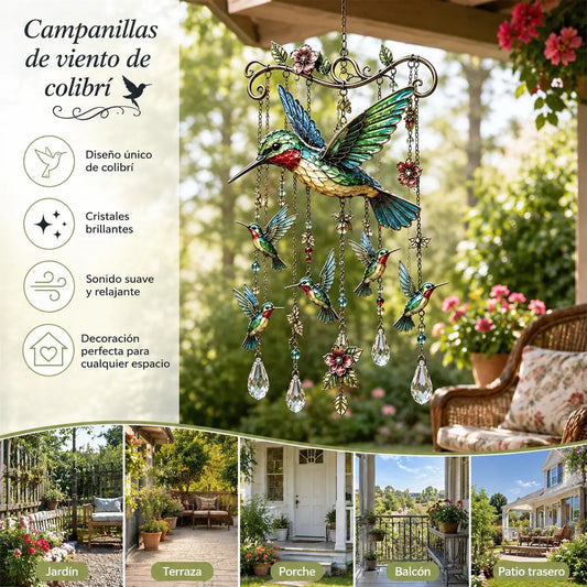 🐦Campanilla de viento de cristal con colibrí y diseño pintado de estilo retro.