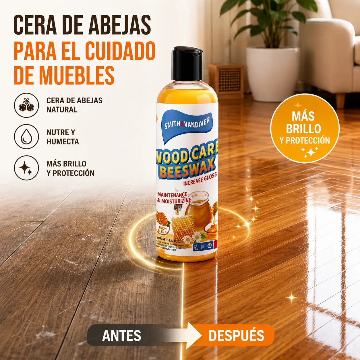 Crema de cera de abeja natural de alta eficacia para pulir y limpiar madera.