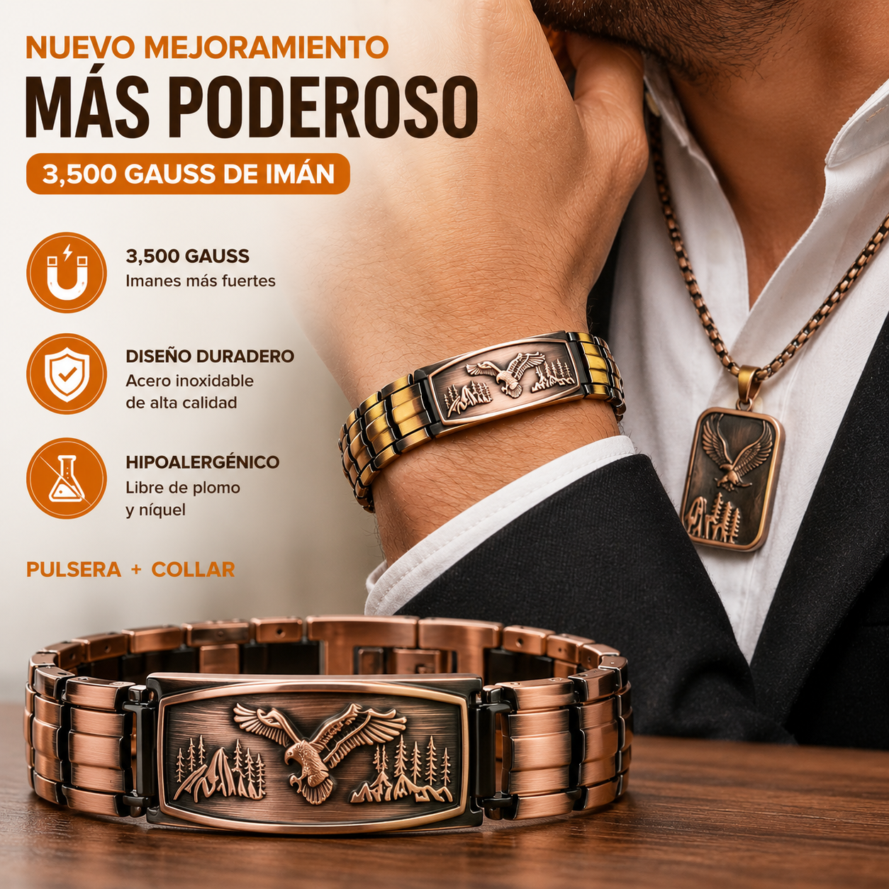 【Pulsera + Collar】Pulsera magnética para hombre con diseño de águila
