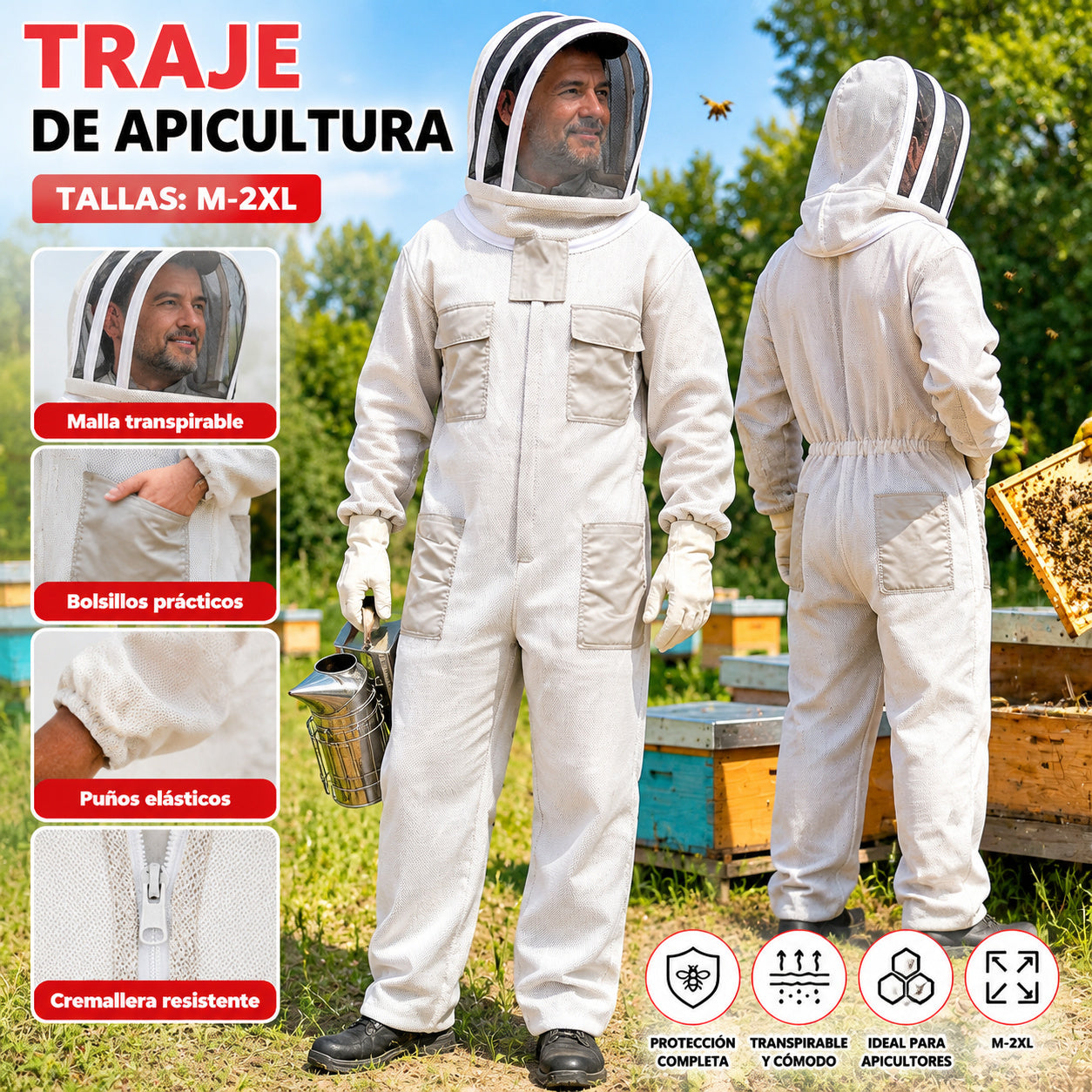 【M-2XL】Traje de protección profesional integral para apicultura: seguro, duradero y con un diseño transpirable de cobertura total que protege contra las picaduras.