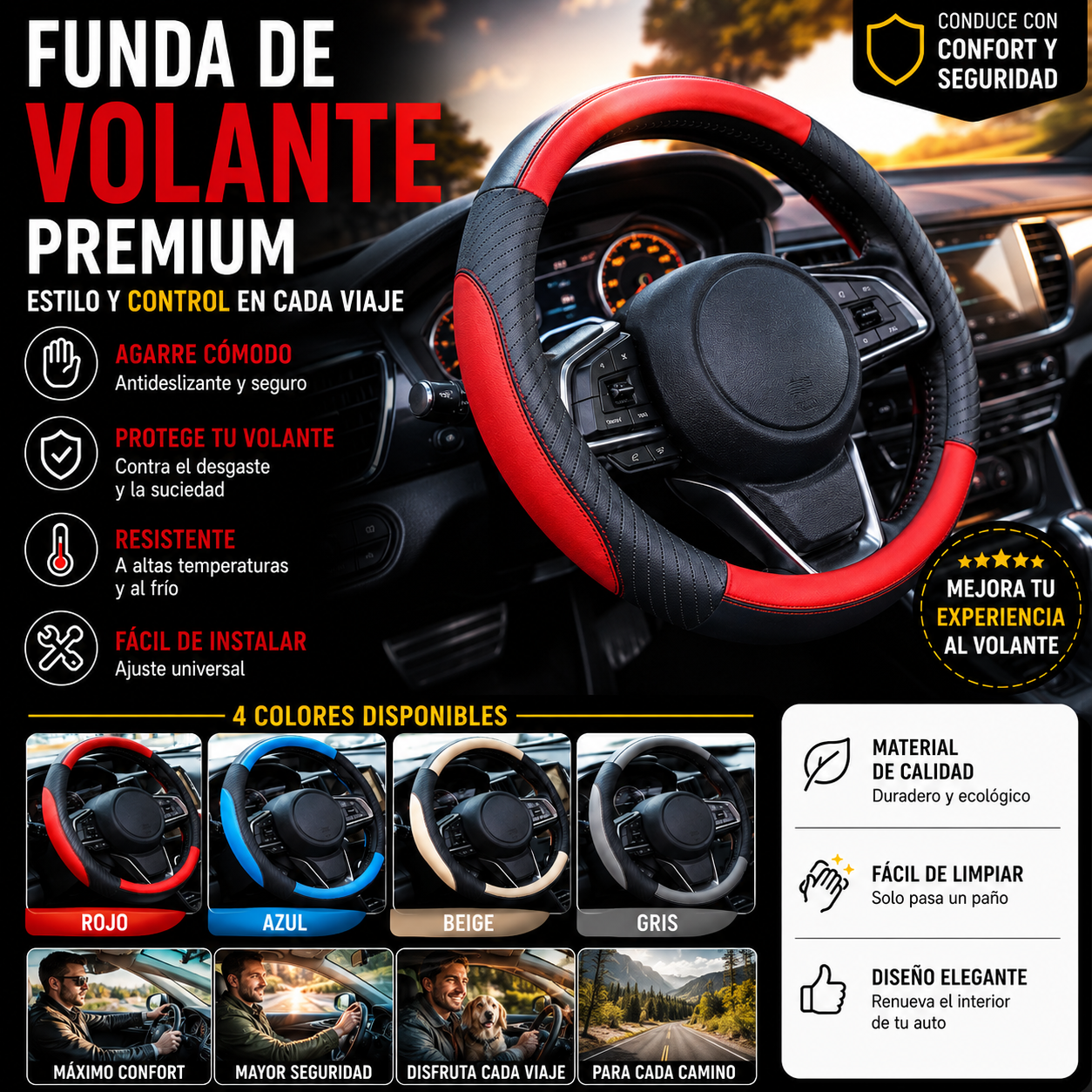 🔥Funda de volante de cuero genuino - Funda universal para volante de coche, antideslizante, duradera