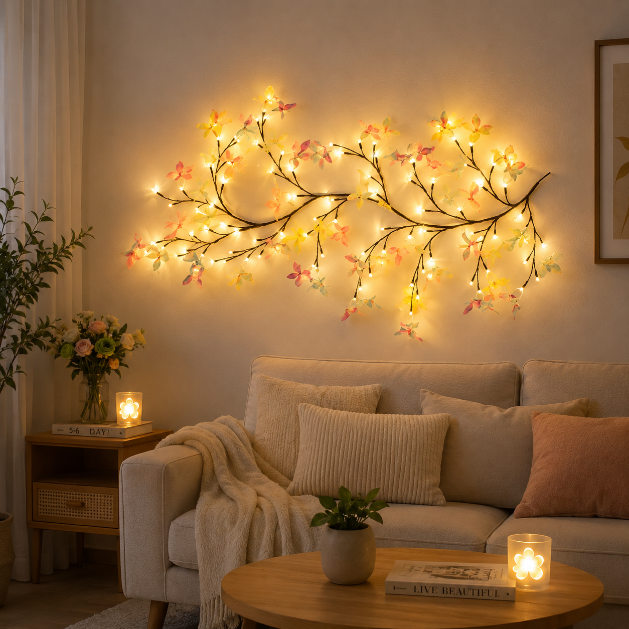 Las lámparas LED con forma de flor de melocotón se utilizan para decorar las paredes interiores y crear un ambiente romántico.