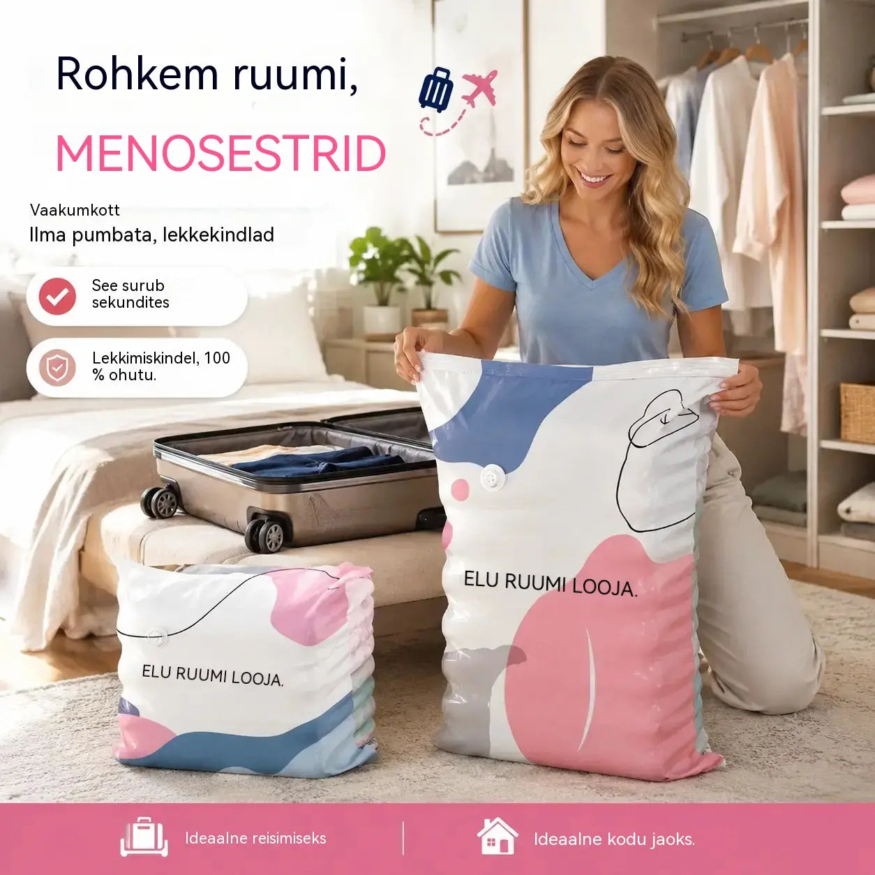 🧳【5-osaline komplekt】💨 Suur, kokkusurutav vaakumkott: pumpa pole vaja, lekkekindel ja ideaalne ruumi kokkuhoiuks kohvrites ja kodus ✈️