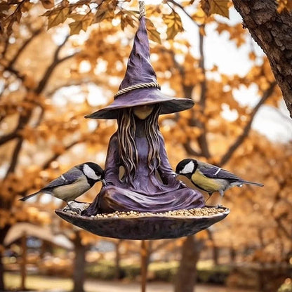 Comedero colgante para pájaros "Bruja meditando", decoración creativa y mágica para jardín, patio y exteriores, material duradero.