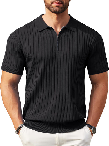 50%OFF👔Camisa de punto acanalado para hombre con cierre de cremallera y mangas cortas.