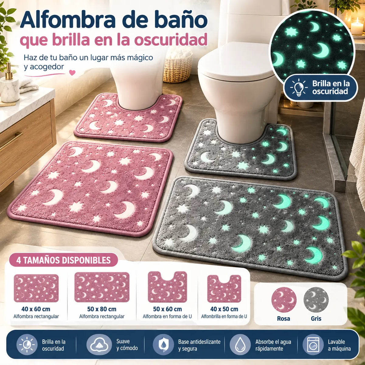 🌙 Juego de baño con diseños de luna y estrellas que brilla en la oscuridad – Alfombrilla de baño antideslizante 🌙