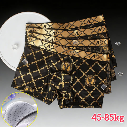 🔥🔥💥【45-85kg】Calzoncillos bóxer de seda helada para hombre, costuras en relieve con patrón exquisito, corte cuadrado