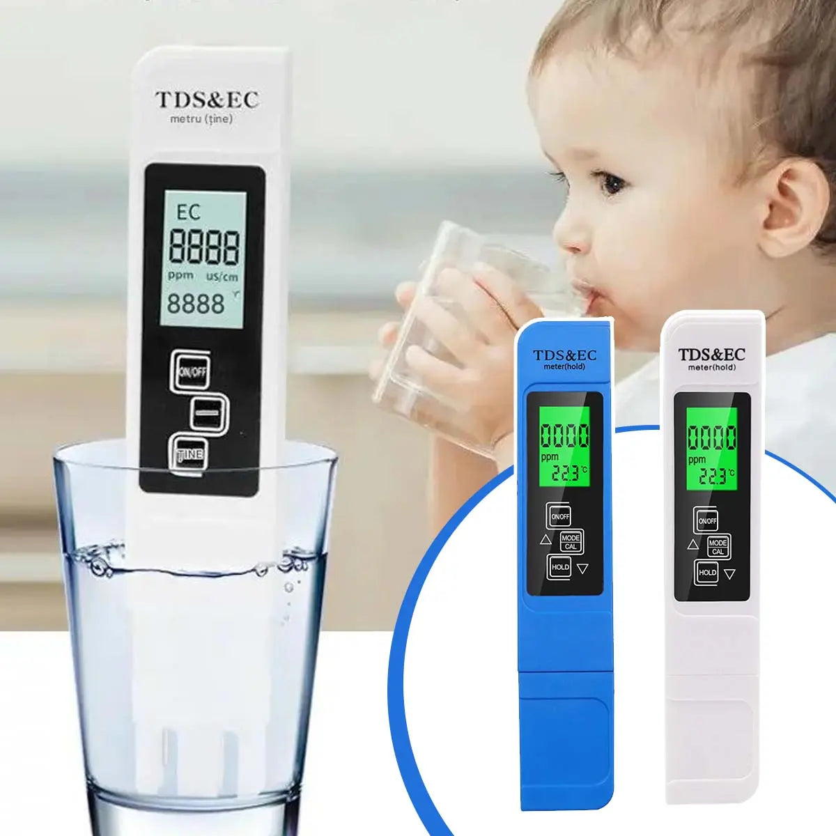 Analizador portátil de calidad del agua TDS&EC: cuenta con pantalla digital e indicador de temperatura; mediciones precisas y resultados rápidos.