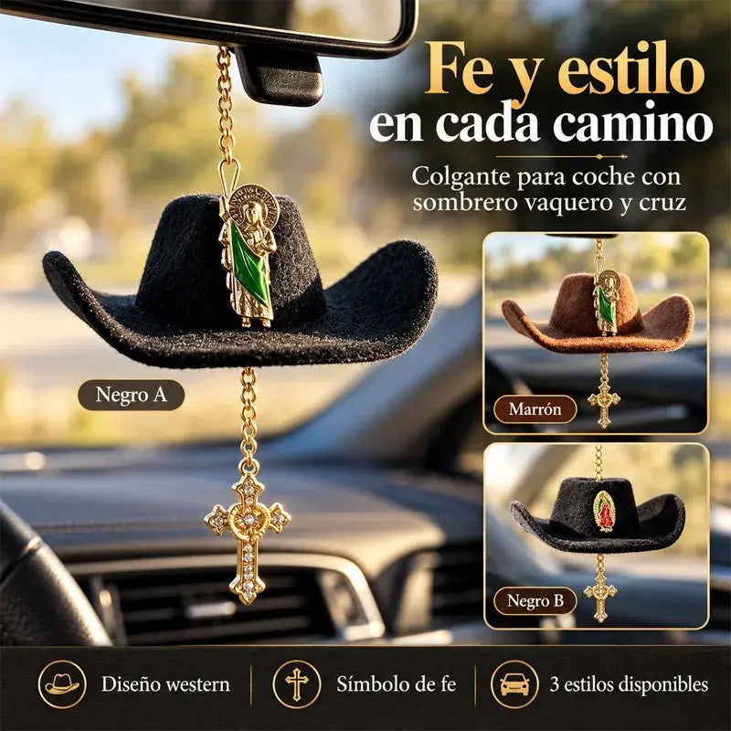 🤠✝️ Colgante para Coche con Sombrero Vaquero y Cruz | Decoración para Espejo Retrovisor con Cordón